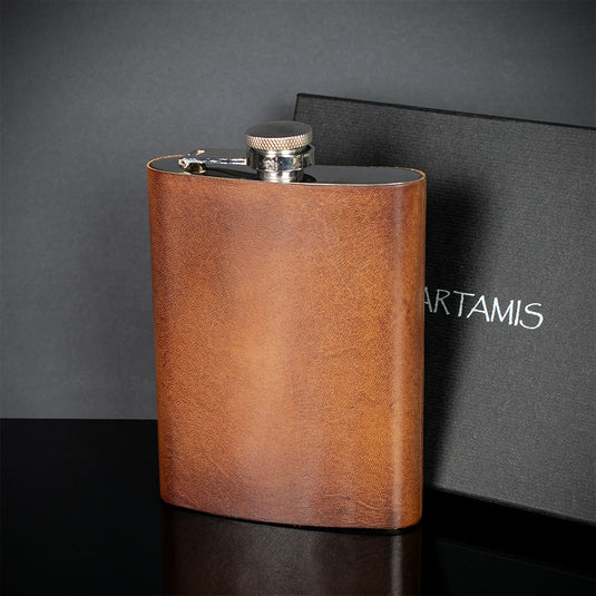 Brown Antique Leather Hip Flask - 8oz Stzainless Steel