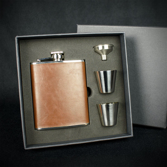 Brown Leather Hip Flask + 2 Cups  - 6oz Stainless Steel