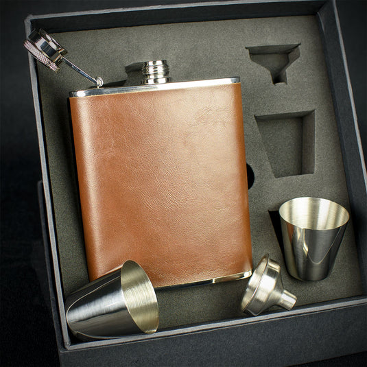 Brown Leather Hip Flask + 2 Cups  - 6oz Stainless Steel