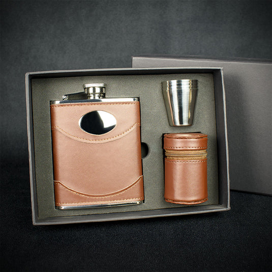 Brown Leather Hip Flask + 4 Cups  - 6oz Stainless Steel