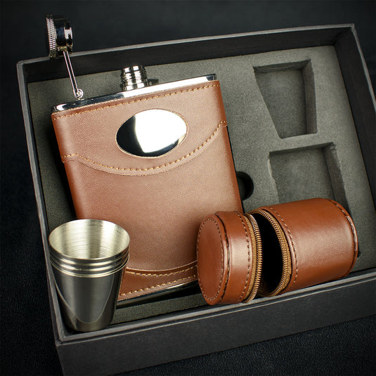 Brown Leather Hip Flask + 4 Cups  - 6oz Stainless Steel