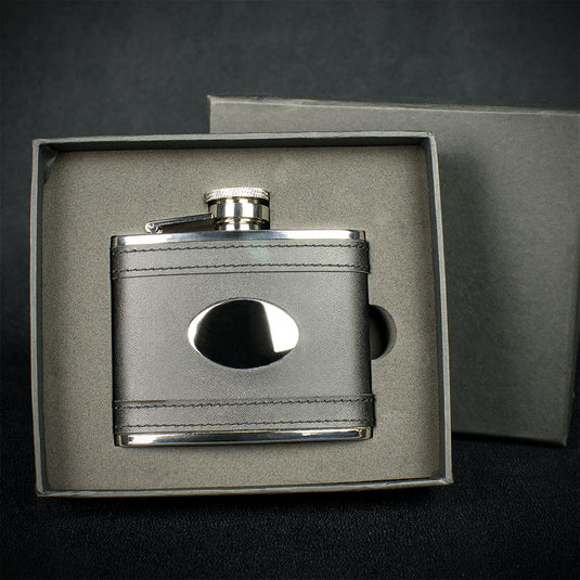 Black Leather Hip Flask - 4oz Stainless Steel with Engraving Plate