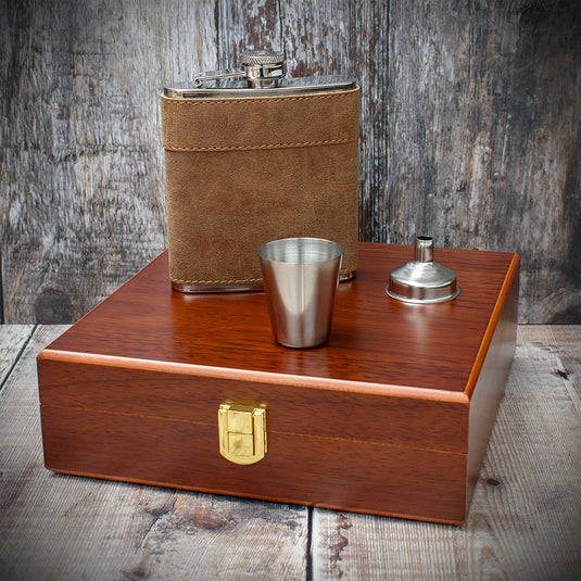 Brown Leather Hip Flask Gift Set  - 6oz Stainless Steel 