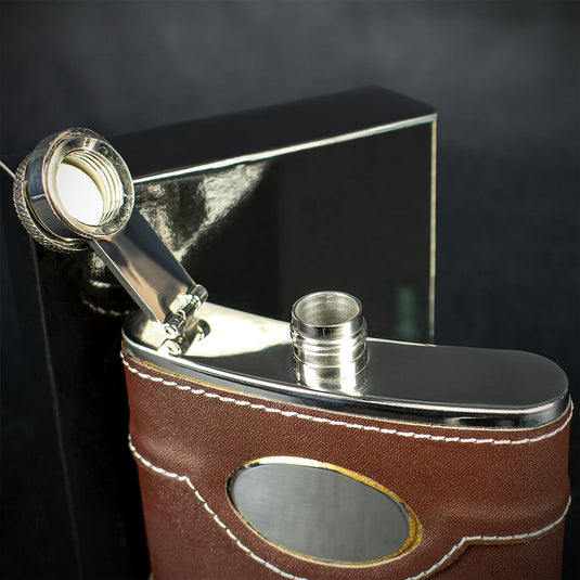 Brown Leather Hip Flask - 6oz Stainless Steel