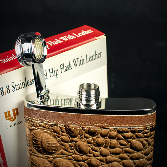 Hip Flask Crocodile Leather Finish - 6oz Stainless Steel