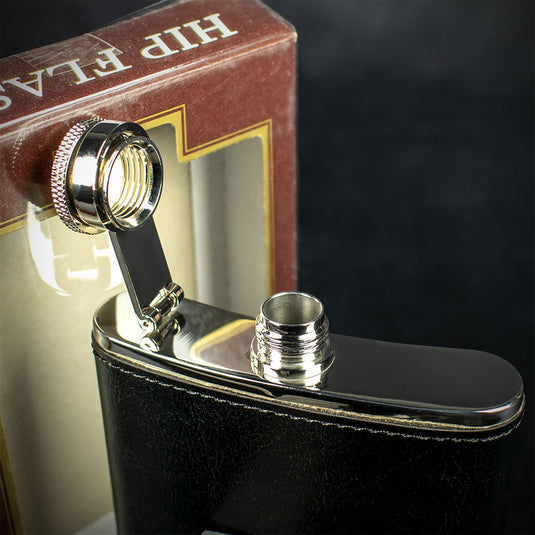 Black Leather Hip Flask - 6oz Stainless Steel