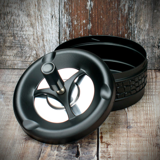 Spinner Ashtray - Matt Black and Croc Leather  - 11cm