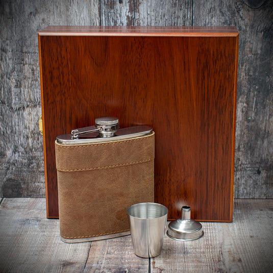 Brown Leather Hip Flask Gift Set  - 6oz Stainless Steel 