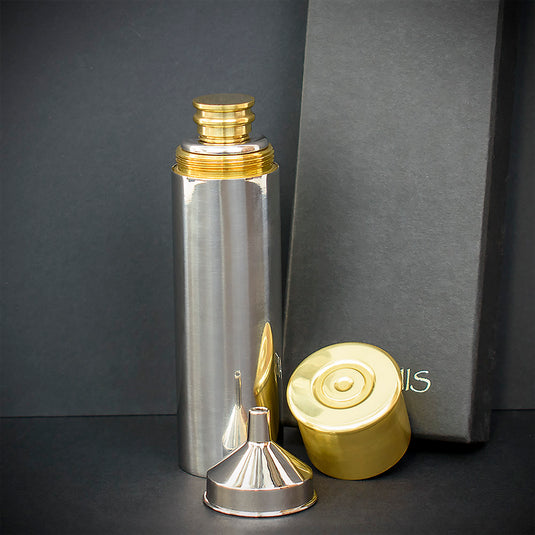 Brass and Polished Steel Hip Flask - 4oz Shotgun Cartridge