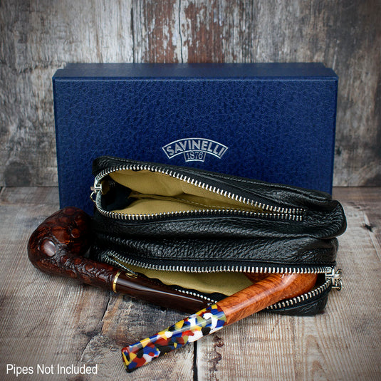 Savinelli Leather 2 Pipe & Tobacco Pouch - Black Weave